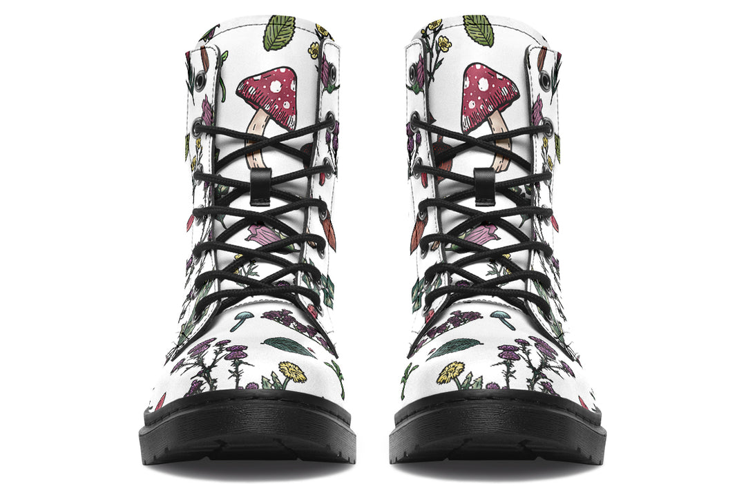 White Herbology Boots - Vegan Leather Doc-Style Boots with Durable Stitched on Soles