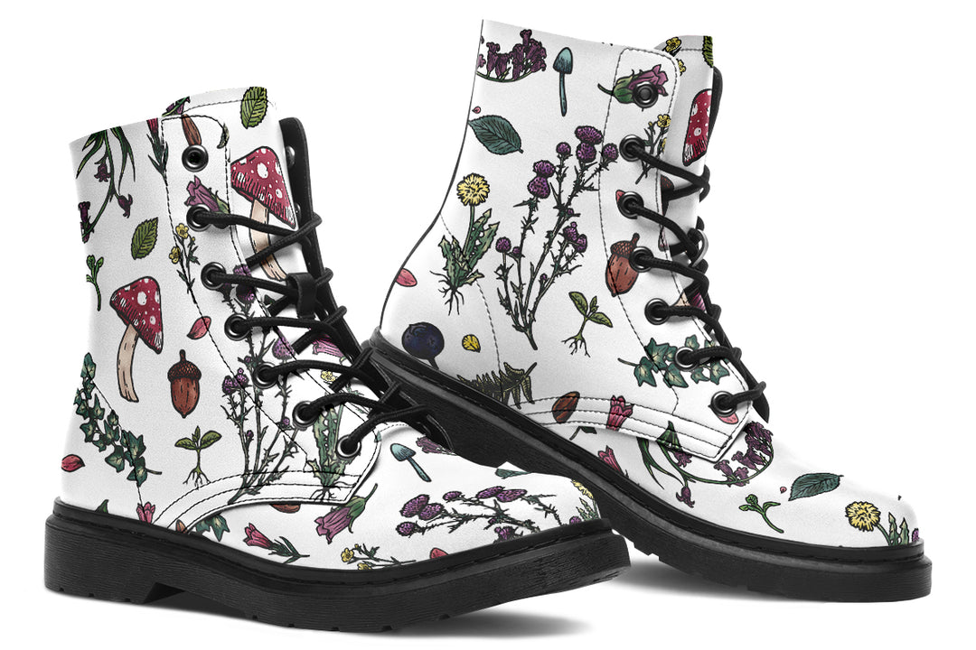 White Herbology Boots - Vegan Leather Doc-Style Boots with Durable Stitched on Soles