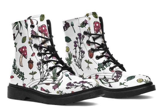 White Herbology Boots - Vegan Leather Doc-Style Boots with Durable Stitched on Soles