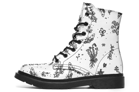 White Nightshade Boots - Vegan Leather Doc-Style Boots with Durable Stitched on Soles