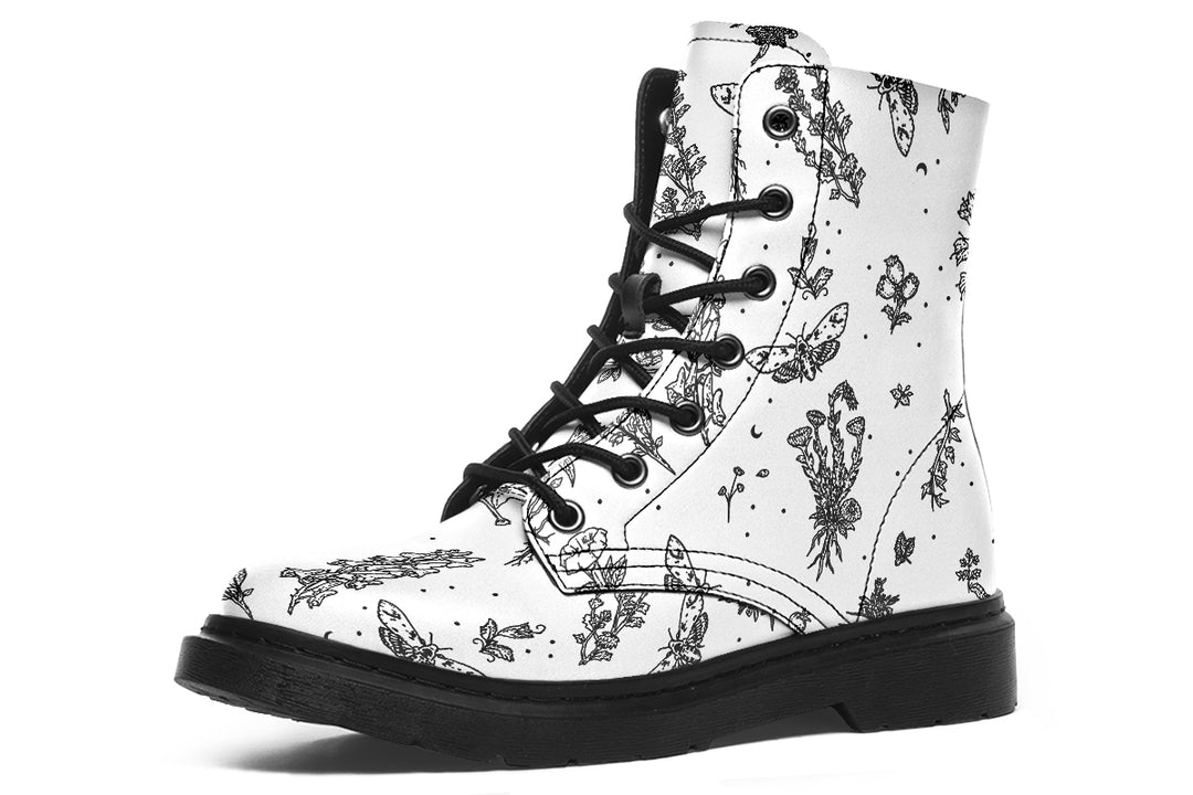 White Nightshade Boots - Vegan Leather Doc-Style Boots with Durable Stitched on Soles