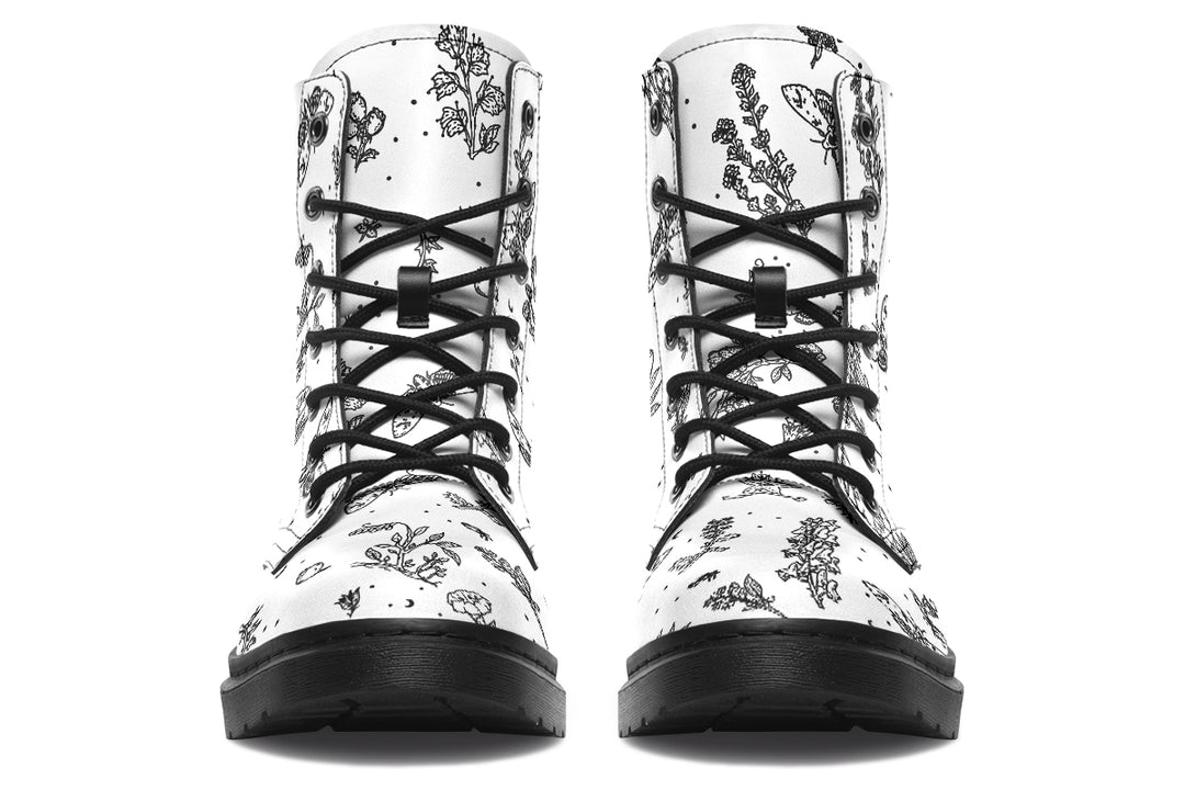 White Nightshade Boots - Vegan Leather Doc-Style Boots with Durable Stitched on Soles