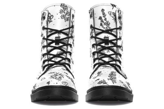 White Nightshade Boots - Vegan Leather Doc-Style Boots with Durable Stitched on Soles