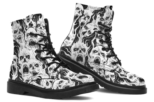 White Torment Boots - Vegan Leather Doc-Style Boots with Durable Stitched on Soles