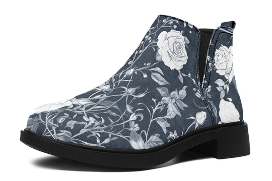 Grey Rose Romance Chelsea Boots - Comfy Slip-On - Soft & Water-Resistant Micro-Suede Vegan Shoes