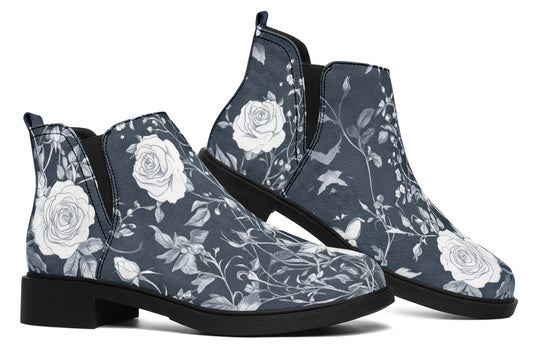 Grey Rose Romance Chelsea Boots - Comfy Slip-On - Soft & Water-Resistant Micro-Suede Vegan Shoes