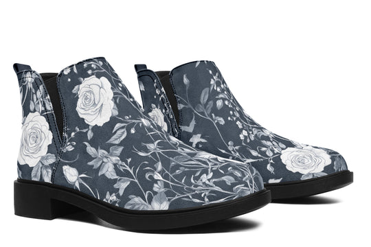 Grey Rose Romance Chelsea Boots - Comfy Slip-On - Soft & Water-Resistant Micro-Suede Vegan Shoes