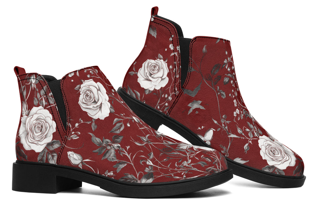 Red Rose Romance Chelsea Boots - Comfy Slip-On - Soft & Water-Resistant Micro-Suede Vegan Shoes