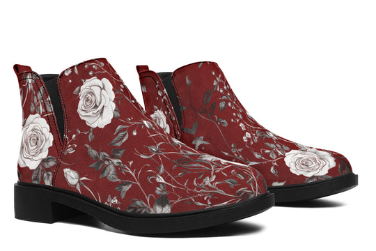 Red Rose Romance Chelsea Boots - Comfy Slip-On - Soft & Water-Resistant Micro-Suede Vegan Shoes