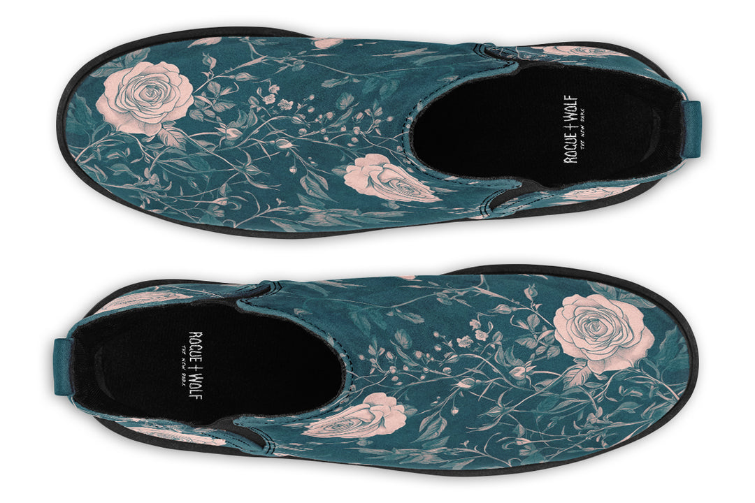 Teal Rose Romance Chelsea Boots - Comfy Slip-On - Soft & Water-Resistant Micro-Suede Vegan Shoes