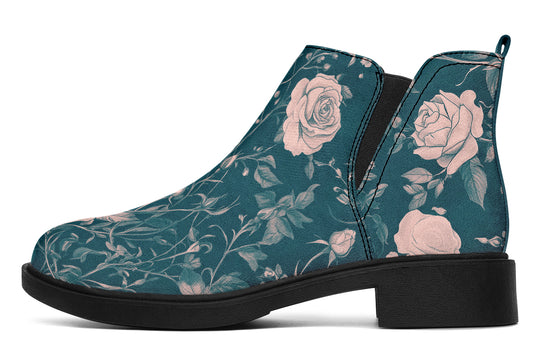 Teal Rose Romance Chelsea Boots - Comfy Slip-On - Soft & Water-Resistant Micro-Suede Vegan Shoes