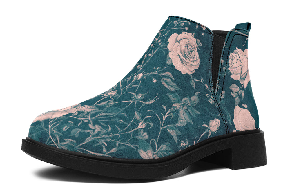 Teal Rose Romance Chelsea Boots - Comfy Slip-On - Soft & Water-Resistant Micro-Suede Vegan Shoes