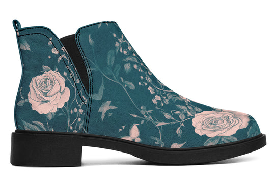 Teal Rose Romance Chelsea Boots - Comfy Slip-On - Soft & Water-Resistant Micro-Suede Vegan Shoes