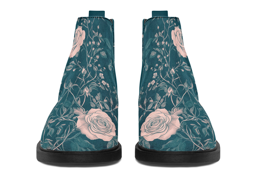 Teal Rose Romance Chelsea Boots - Comfy Slip-On - Soft & Water-Resistant Micro-Suede Vegan Shoes