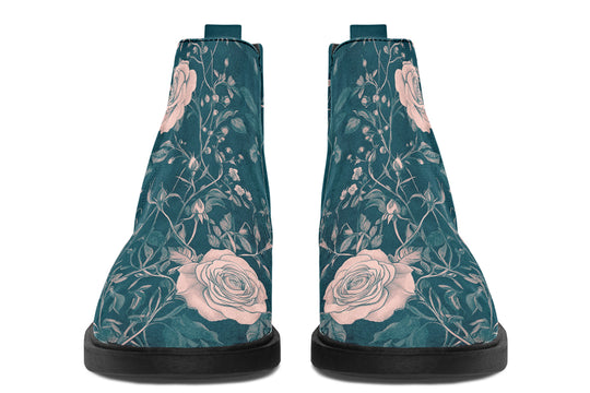 Teal Rose Romance Chelsea Boots - Comfy Slip-On - Soft & Water-Resistant Micro-Suede Vegan Shoes