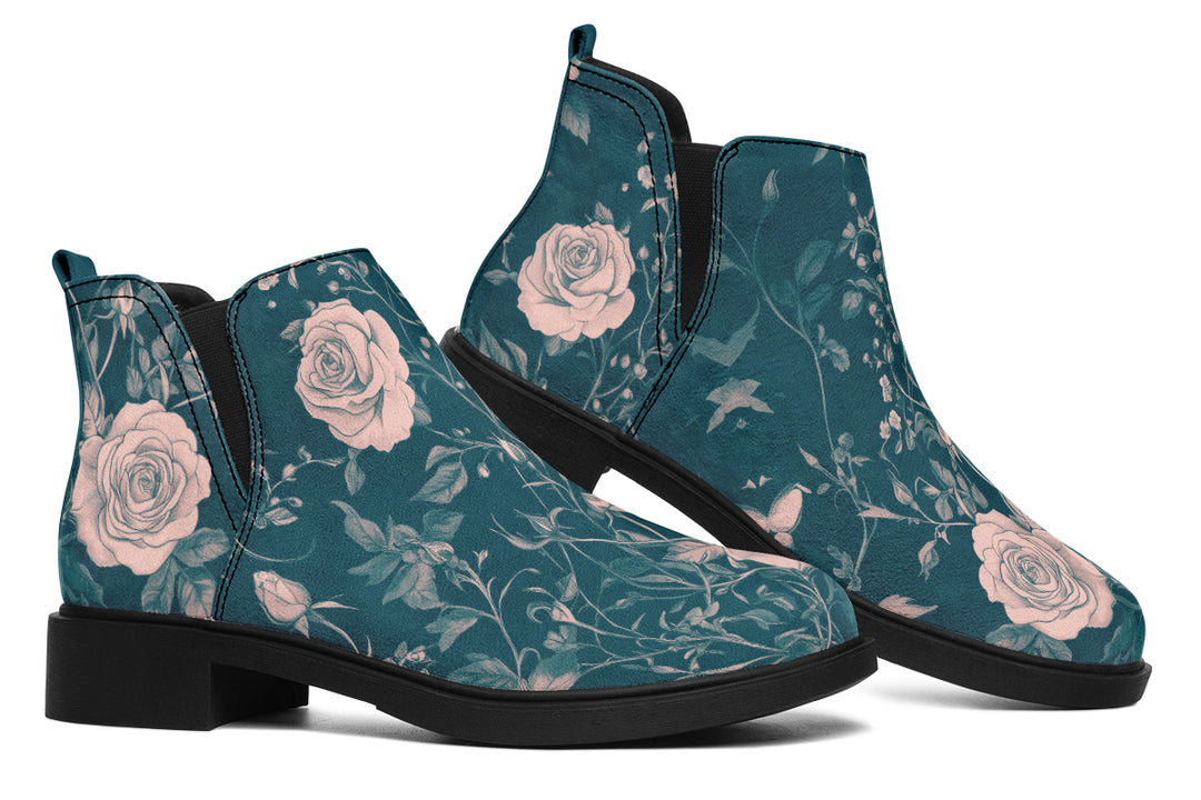 Teal Rose Romance Chelsea Boots - Comfy Slip-On - Soft & Water-Resistant Micro-Suede Vegan Shoes