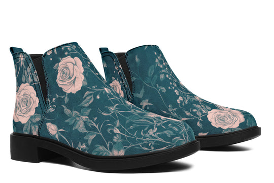 Teal Rose Romance Chelsea Boots - Comfy Slip-On - Soft & Water-Resistant Micro-Suede Vegan Shoes