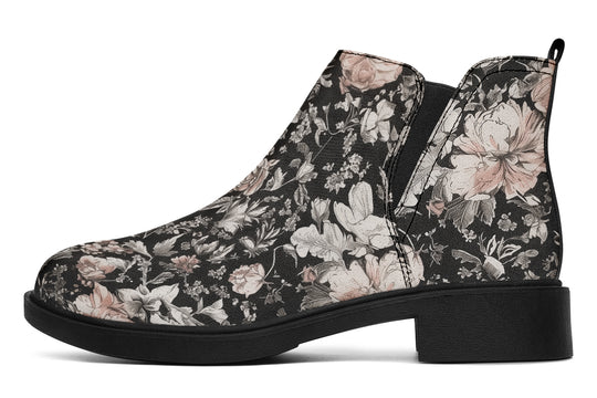 Vintage Peonies Chelsea Boots - Comfy Slip-On - Soft & Water-Resistant Micro-Suede Vegan Shoes