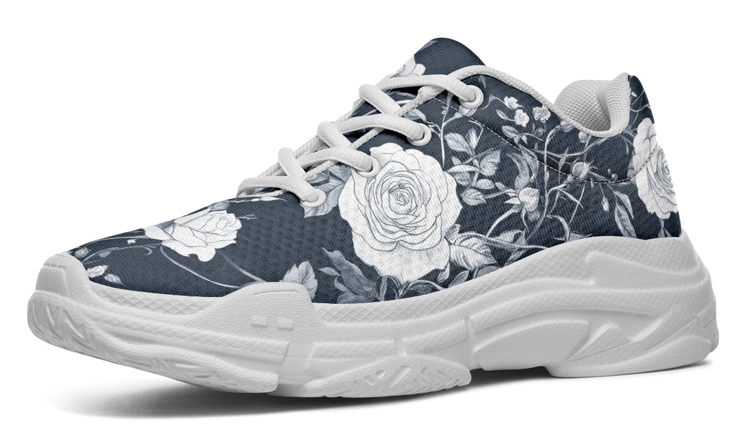 Grey Rose Romance Chunky Sneakers - Light Breathable and Comfortable Sports Shoes with Platform Soles