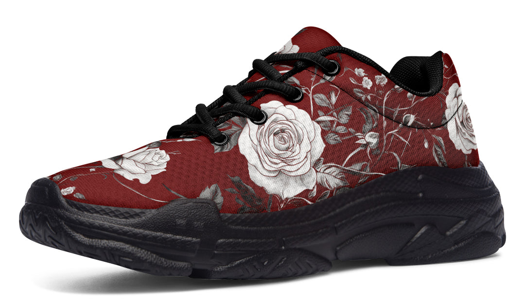 Red Rose Romance Chunky Sneakers - Light Breathable and Comfortable Sports Shoes with Platform Soles