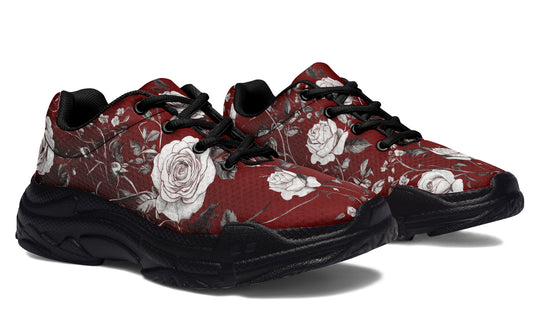 Red Rose Romance Chunky Sneakers - Light Breathable and Comfortable Sports Shoes with Platform Soles