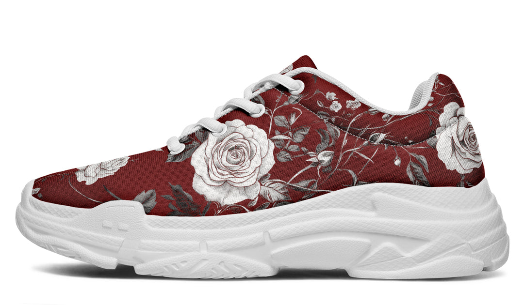 Red Rose Romance Chunky Sneakers - Light Breathable and Comfortable Sports Shoes with Platform Soles