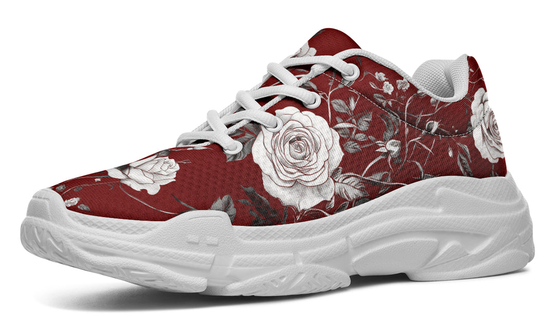 Red Rose Romance Chunky Sneakers - Light Breathable and Comfortable Sports Shoes with Platform Soles