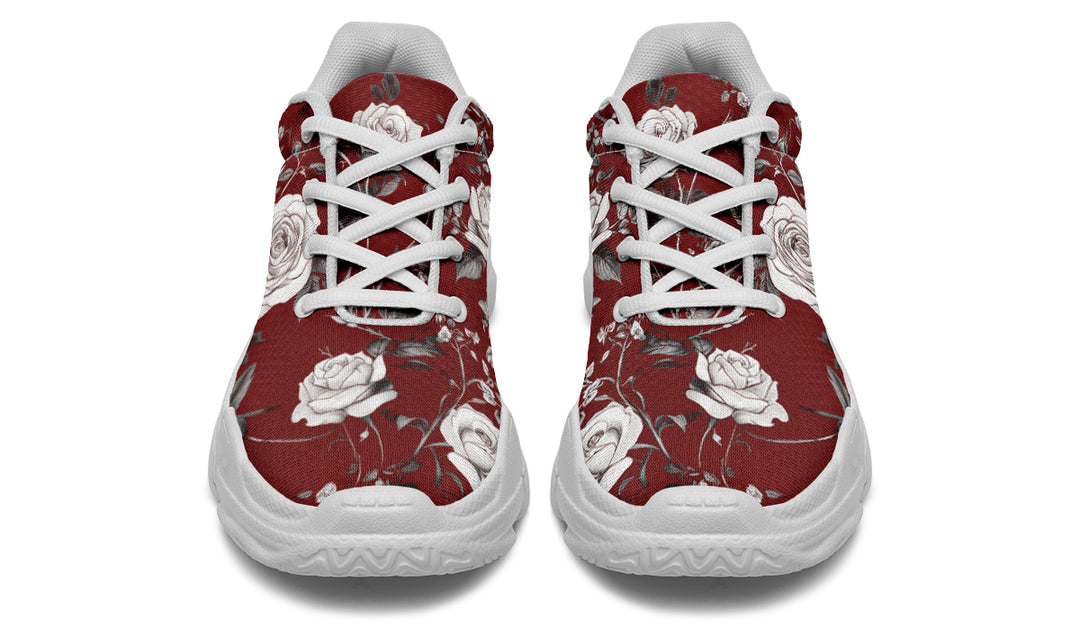 Red Rose Romance Chunky Sneakers - Light Breathable and Comfortable Sports Shoes with Platform Soles