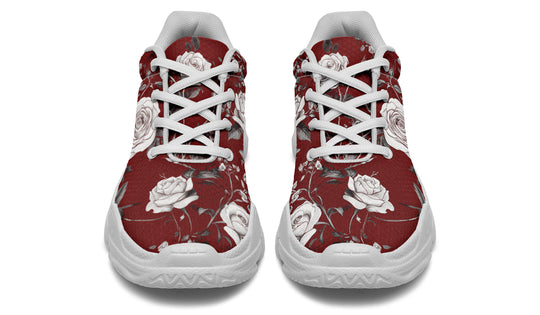 Red Rose Romance Chunky Sneakers - Light Breathable and Comfortable Sports Shoes with Platform Soles