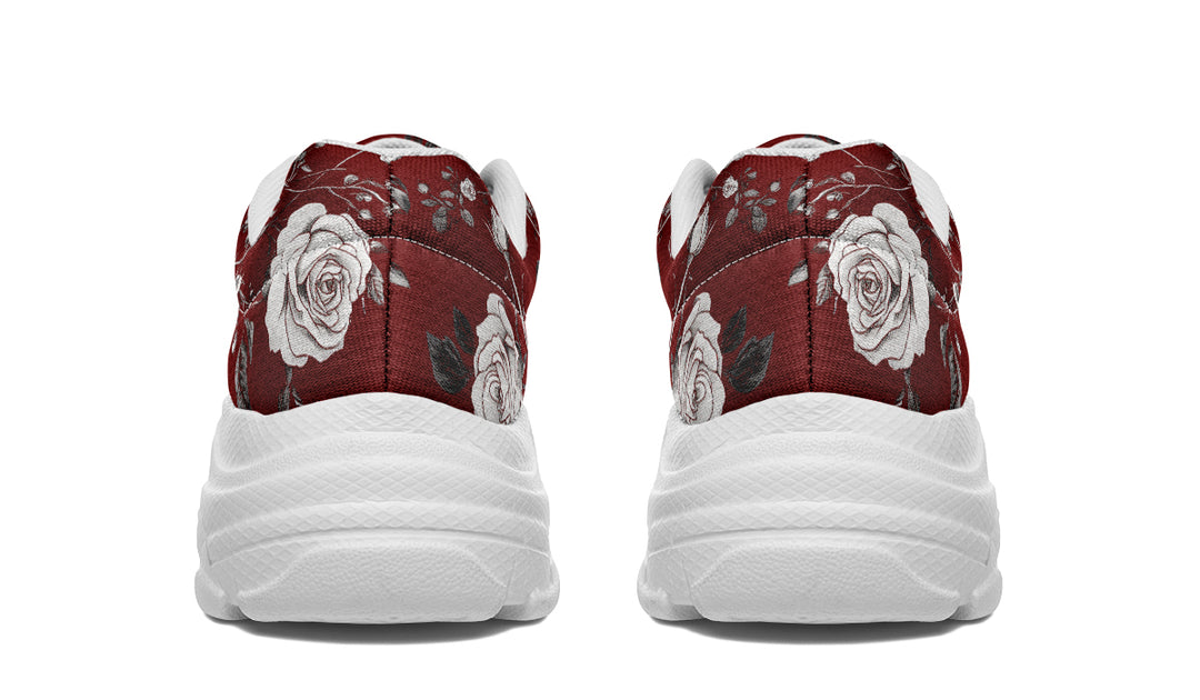 Red Rose Romance Chunky Sneakers - Light Breathable and Comfortable Sports Shoes with Platform Soles