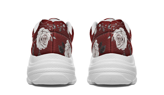 Red Rose Romance Chunky Sneakers - Light Breathable and Comfortable Sports Shoes with Platform Soles