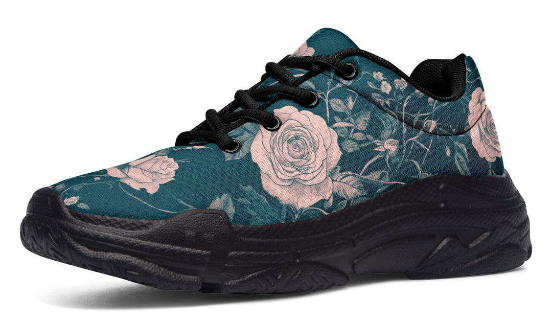 Teal Rose Romance Chunky Sneakers - Light Breathable and Comfortable Sports Shoes with Platform Soles