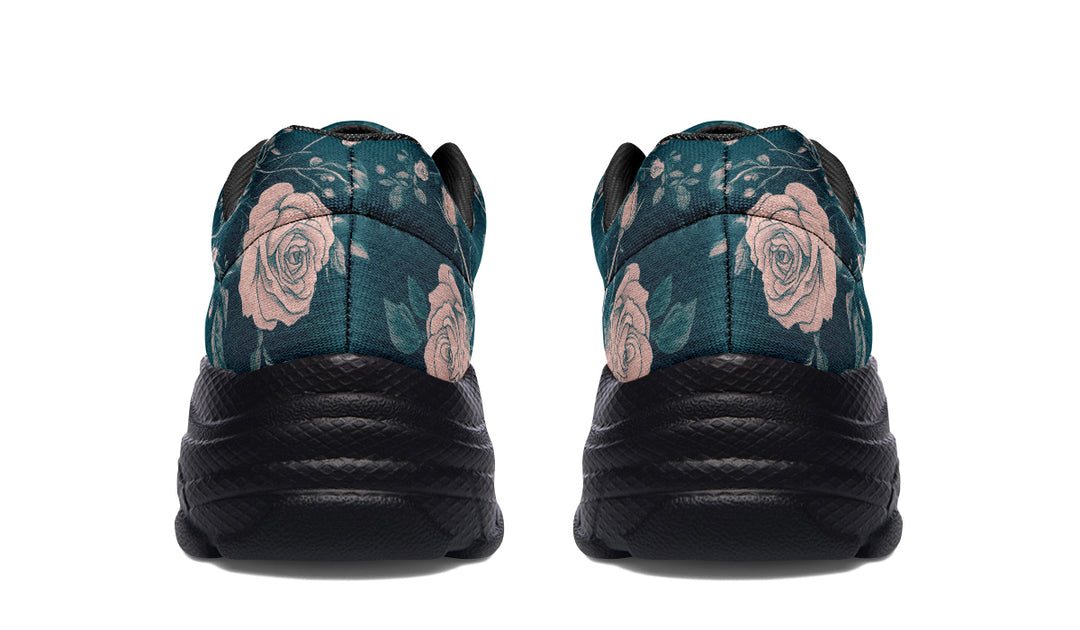 Teal Rose Romance Chunky Sneakers - Light Breathable and Comfortable Sports Shoes with Platform Soles