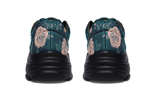 Teal Rose Romance Chunky Sneakers - Light Breathable and Comfortable Sports Shoes with Platform Soles