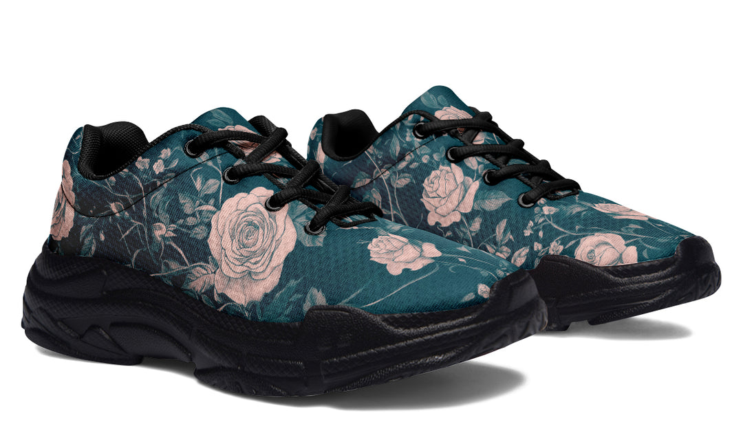 Teal Rose Romance Chunky Sneakers - Light Breathable and Comfortable Sports Shoes with Platform Soles