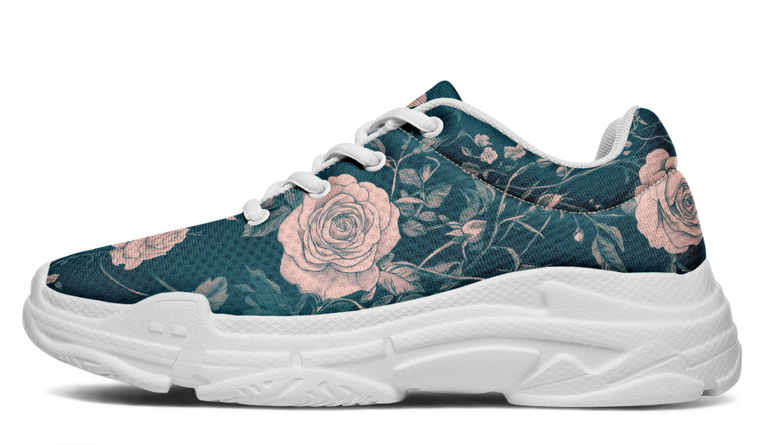 Teal Rose Romance Chunky Sneakers - Light Breathable and Comfortable Sports Shoes with Platform Soles