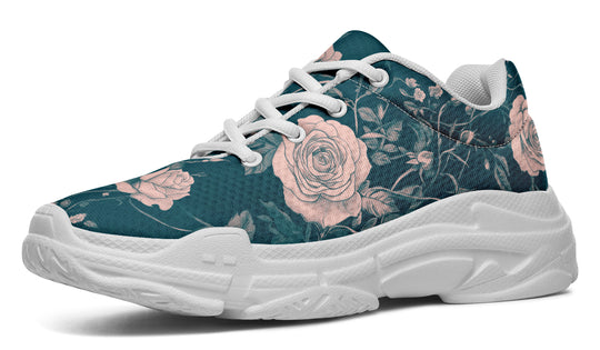 Teal Rose Romance Chunky Sneakers - Light Breathable and Comfortable Sports Shoes with Platform Soles