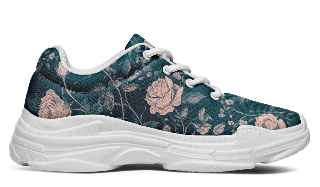 Teal Rose Romance Chunky Sneakers - Light Breathable and Comfortable Sports Shoes with Platform Soles