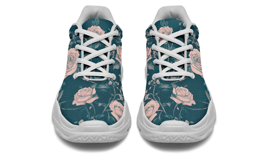 Teal Rose Romance Chunky Sneakers - Light Breathable and Comfortable Sports Shoes with Platform Soles