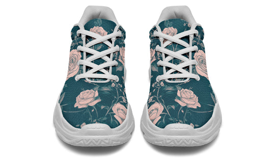 Teal Rose Romance Chunky Sneakers - Light Breathable and Comfortable Sports Shoes with Platform Soles