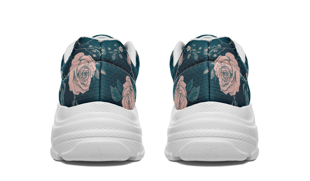 Teal Rose Romance Chunky Sneakers - Light Breathable and Comfortable Sports Shoes with Platform Soles