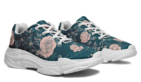 Teal Rose Romance Chunky Sneakers - Light Breathable and Comfortable Sports Shoes with Platform Soles