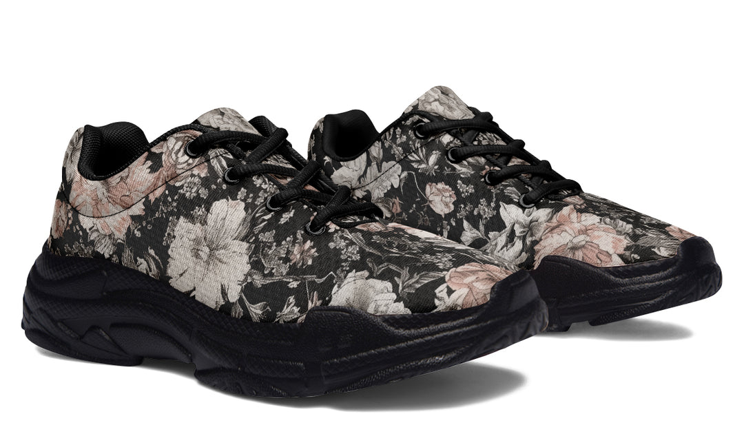 Vintage Peonies Chunky Sneakers - Light Breathable and Comfortable Sports Shoes with Platform Soles