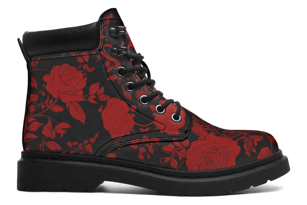 Blood Rose Romance Classic Boots - High Quality Micro-Suede Weatherproof Vegan Shoes with Stitched on Soles