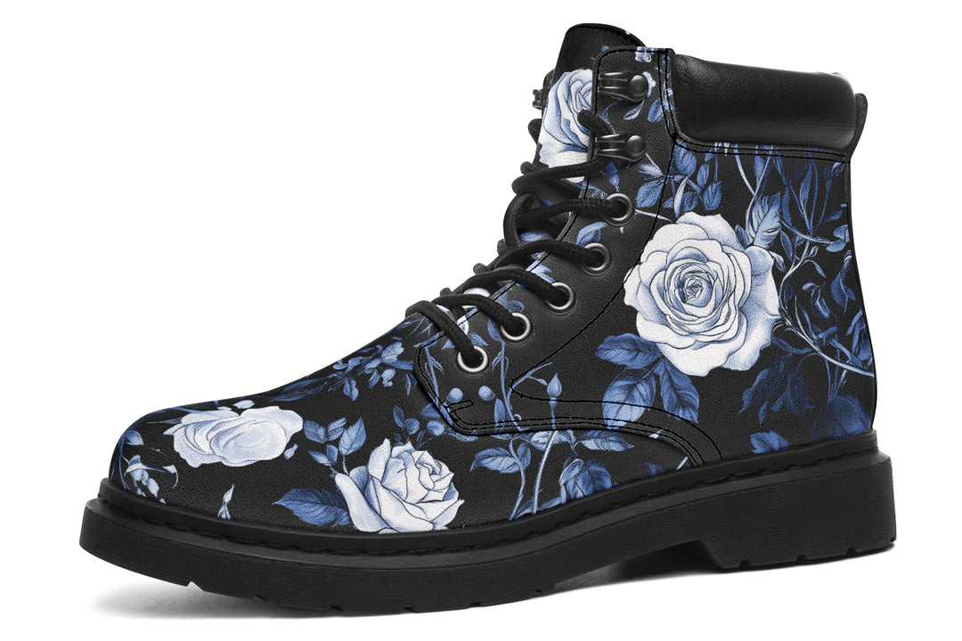 Blue Rose Romance Classic Boots - High Quality Micro-Suede Weatherproof Vegan Shoes with Stitched on Soles