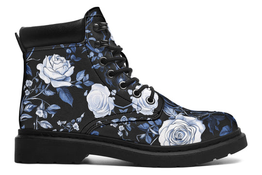 Blue Rose Romance Classic Boots - High Quality Micro-Suede Weatherproof Vegan Shoes with Stitched on Soles