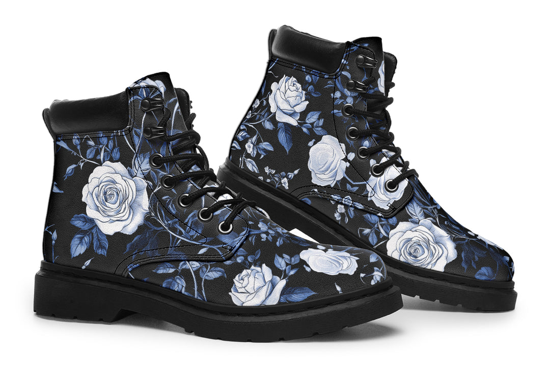 Blue Rose Romance Classic Boots - High Quality Micro-Suede Weatherproof Vegan Shoes with Stitched on Soles