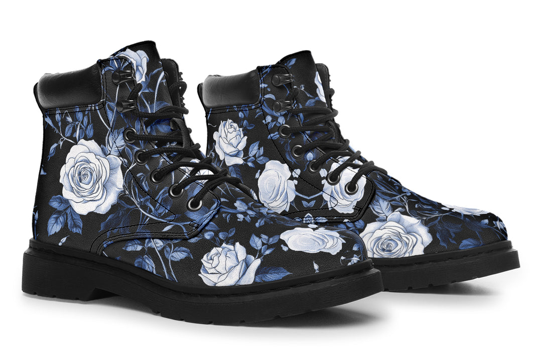 Blue Rose Romance Classic Boots - High Quality Micro-Suede Weatherproof Vegan Shoes with Stitched on Soles