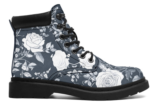 Grey Rose Romance Classic Boots - High Quality Micro-Suede Weatherproof Vegan Shoes with Stitched on Soles