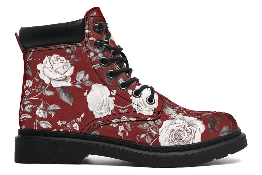 Red Rose Romance Classic Boots - High Quality Micro-Suede Weatherproof Vegan Shoes with Stitched on Soles